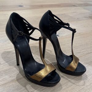 Barbara Bui Black & Gold T-Strap High Heel Sandals